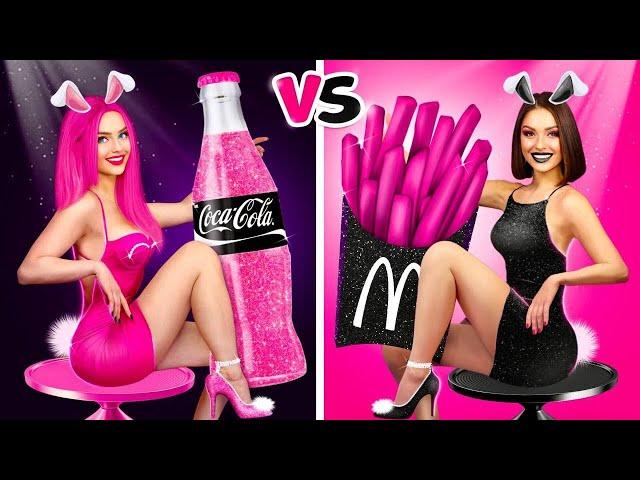 Black Food VS Pink Food Challenge! | Eating Only 1 Color Food and Sweets All Day by RATATA BOOM