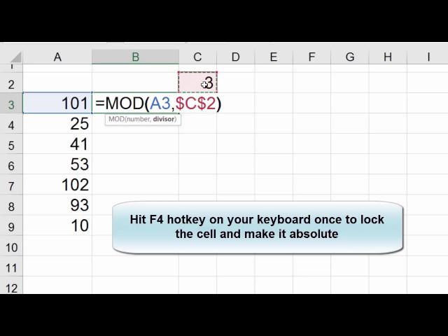 Returns the reminder after a number is divided by a divisor, MOD function