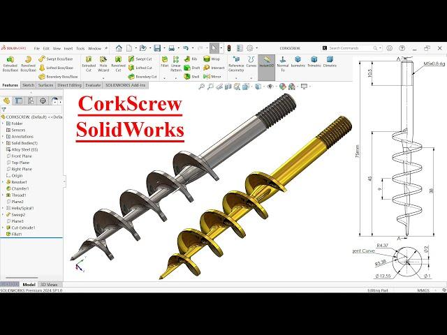 SolidWorks Tutorial-Corkscrew Modeling (Helix/Spiral)