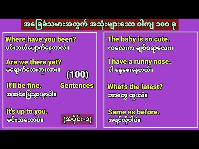 Super Basic English speaking. Ready to use 100 short sentences.အခြေခံ အင်္ဂလိပ်စကားပြော အတိုအထွာများ