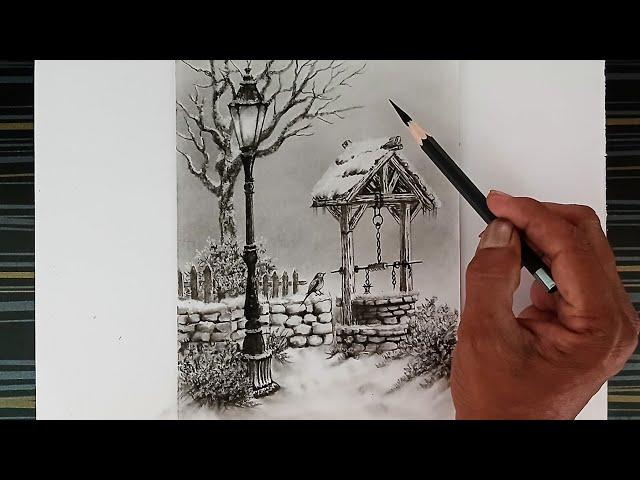 Beautiful landscape scenery drawing by charcoal pencil easy.