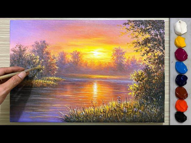 Sunset landscape painting techniques - Acrylic paint / Landscape painting / Art painting.