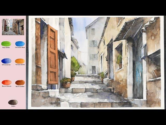 Landscape Watercolor -  Street Scenery (2X speed, color name view, watercolor material) NAMIL ART