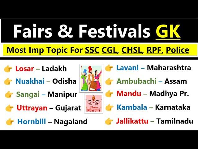 Important festivals of india | Fairs & Festival gk | state wise complete list | tyohar aur mele