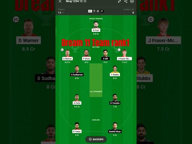 DC vs GT Dream 11 team rank1 Prediction