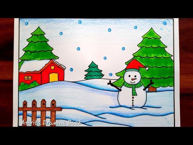 Winter Season Drawing Easy Steps | Snowman Scenery Drawing | Winter Snowfall Scenery Drawing