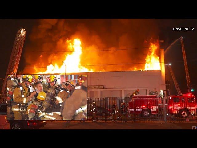 Firefighter Rescued From Burning Church After Roof Collapse (CAUGHT ON CAMERA) | Los Angeles