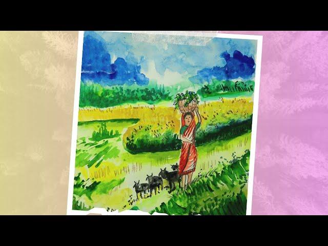 Peaceful Rural Life Watercolor Art | Girl Leading a Goat Through a Scenic Path