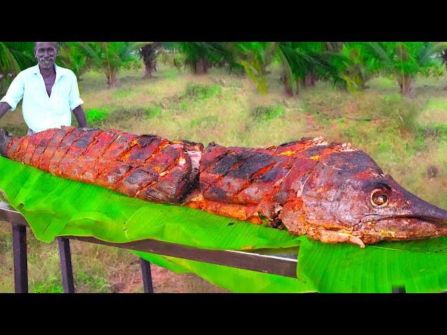 MONSTER SNAKE FISH TANDOOR | Primitive Technology Giant Fish Cooking | Village Grandpa Show