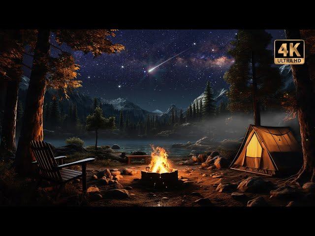 Cozy Camping with Shooting Stars, Crackling Campfire, & Nature Ambience | 4K ️