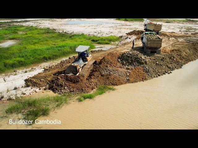 Incredible! Dozer Komatsu D48P Pushing Clearing Stone Soiled into Water Build New Road | Dump Truck