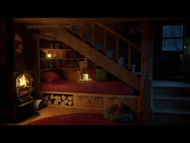 Snow Cozy Cabin with Pleasant Sounds of Blizzard and Fireplace