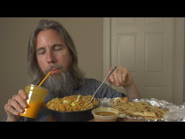 ASMR Let's Eat Indian Food (Goat Biryani, Garlic Naan, Mango Lassi)