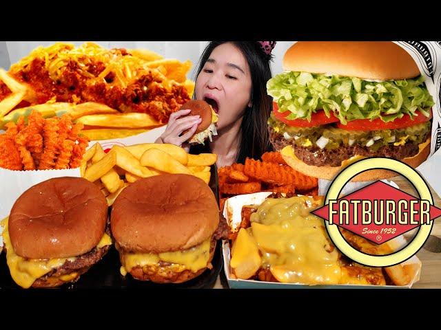 HUGE FATBURGER MUKBANG! 1000 Island Cheeseburger, Chili Cheese Fries & Sweet Potato Fries - ASMR