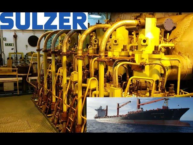 Huge Sulzer Ship Engine Running at Full Speed Engine Room Walk Around