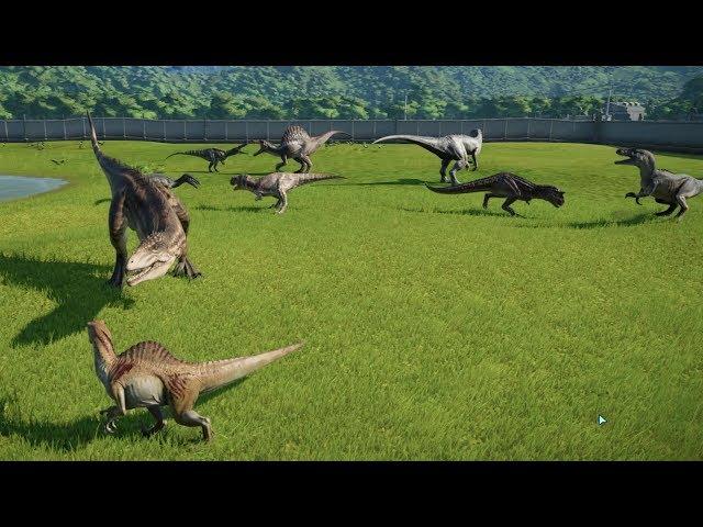 All Carnivores Battle Royale With Spinoraptor and Carcharodontosaurus- Jurassic World Evolution