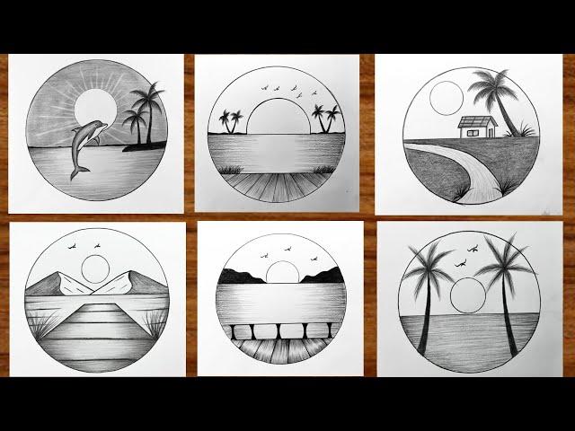 Easy 6 Circle Scenery Drawing | How to Draw Pencil Sketch Drawing | Easy Drawing idea for Beginners