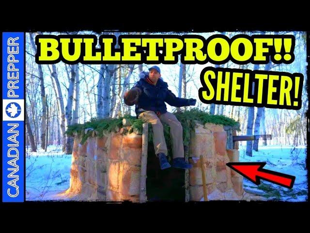 Building a Bulletproof Pykrete Survival Shelter in Woods w/ Stove