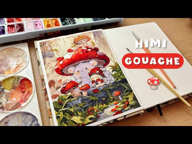 Cute mushroom painting with himi jelly gouache / 112 colors / paint with me  / unboxing washi tapes