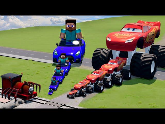 Big & Small Monster Truck Lightning Mcqueen vs Minecraft Steve vs Train Choo-Choo Charles | Beamng
