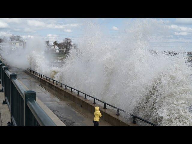 Hurricane Waves at the Beach - Huge Waves Crash Over the Sea Wall at the Beach