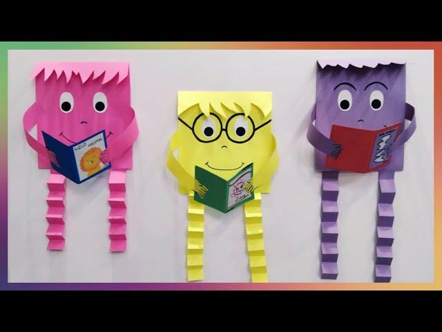 Diy library decor craft. School and Learning corner decor idea. Puppet reading book. Paper dummy