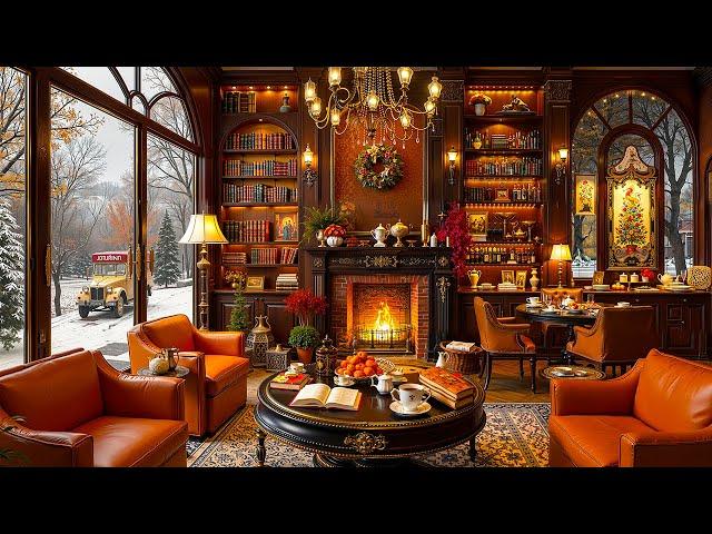 Cozy Winter Coffee Shop Ambience with Jazz Relaxing Music & Crackling Fireplace for Stress Relief