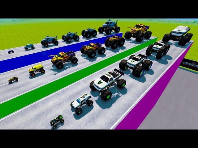 BeamNG Big & Small Monster Trucks Racing and Jumping Through Giant Portal