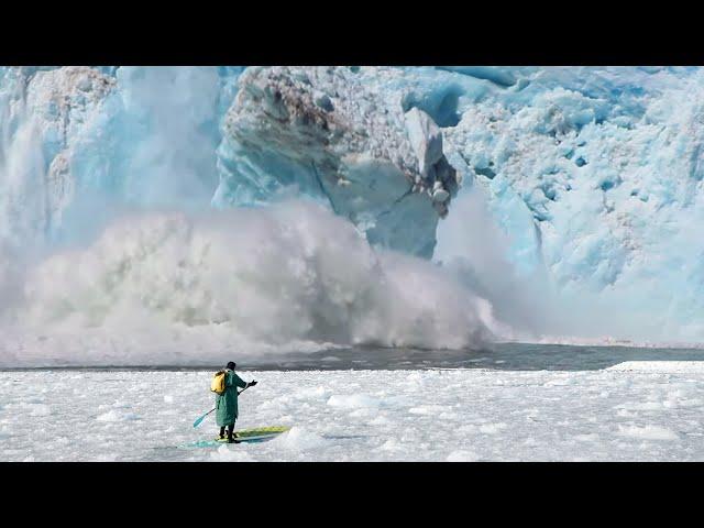 600ft Tall Calving Glacier causes Massive Wave to WIPE OUT BEACH