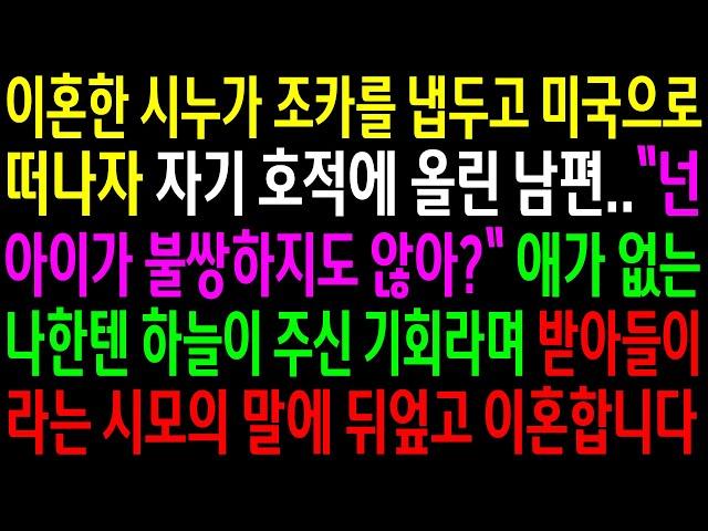 (실화사연)이혼한 시누가 조카를 냅두고 미국으로 떠나자 자기 호적에 올린 남편..애가 없는 나한텐 기회라며 받아들이라는 시모의 말에 뒤엎었습니다[신청사연][사이다썰][사연라디오]