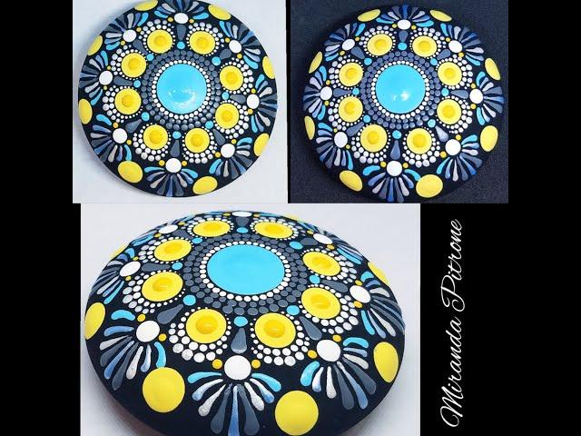 Dot Mandala on Art Stone~Calming Blue Grey Yellow ~ Painting by Miranda Pitrone using Dotting tools