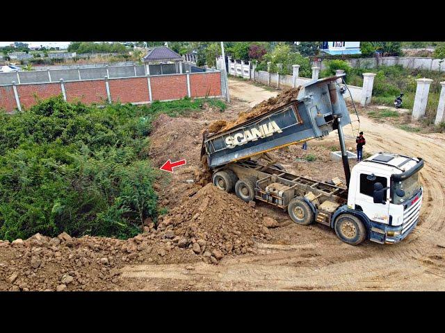 Powerful Bulldozer Komatsu D58E Push soil and Clearing Forest to filling land with 22ton Dump truck