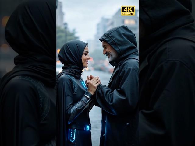 Elderly Man Warms Humanoid’s Heart in Rainy Futuristic City