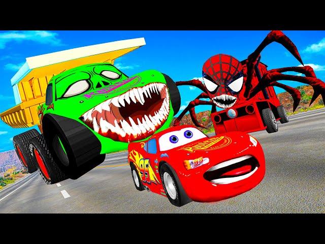 Lightning McQueen and FRIENDS vs SPIDERMAN ChooChoo Charles ZOMBIE BALAZ Pixar cars in  BeamNG.drive