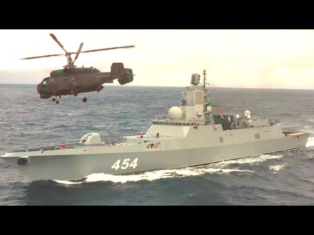 Frigate Admiral Gorshkov of Russia in the Atlantic, searching for submarines with a Ka-27 helicopter