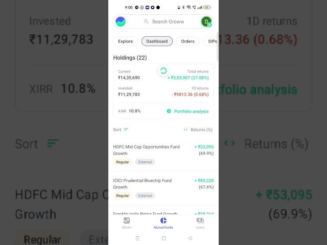 my mutual fund portfolio return groww app #groww #mutualfund #sip #investing