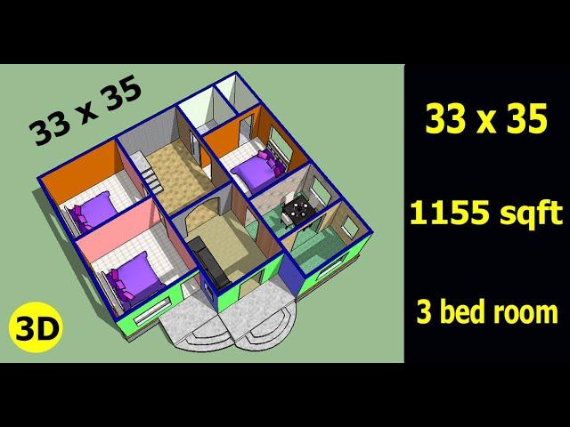 33 x 35 HOUSE PLAN WITH 3D II 33 x 35 GHAR KA NAKSHA II 1155 sqft home design II 3 bhk house design