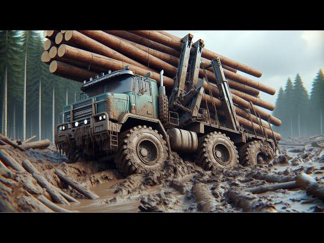 Forest land challenge: super heavy wood truck crosses slippery, muddy road