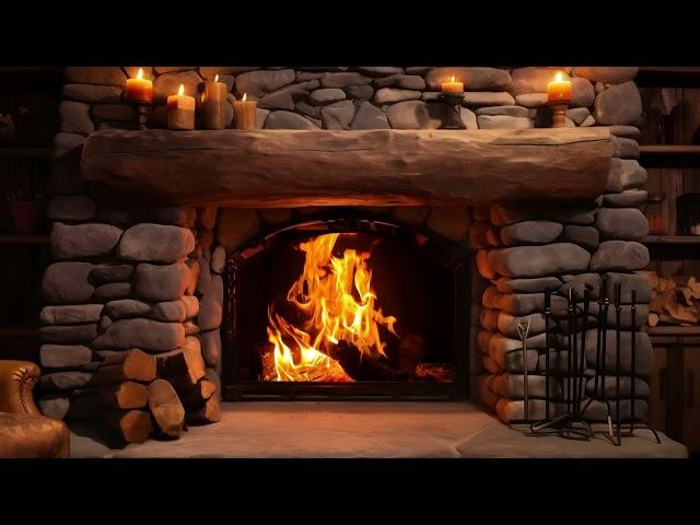 Rustic Stone Fireplace With Crackling and Relaxing Sound In a Cozy Cabin Atmosphere