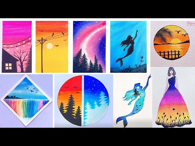 10 Scenery - Easy Water Color Painting Ideas || Painting Tutorial for beginners