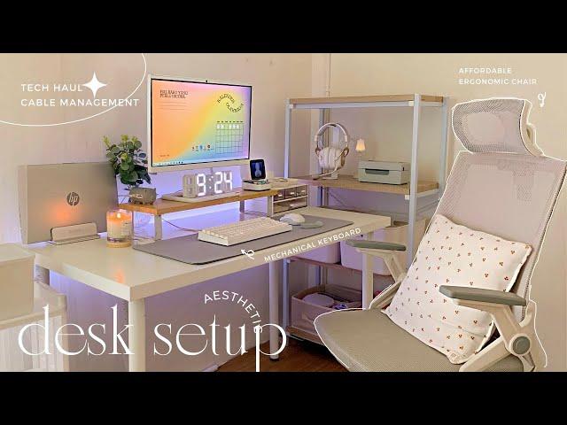 Cozy desk setup 2022, aesthetic & functional | tech haul | cable management | keyboard unboxing 