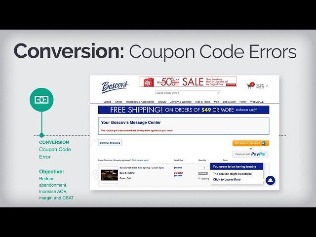 Boscov's Digital Engagement | Contextual Guidance with Moxie Kbot™ | Conversion: Coupon Code Errors