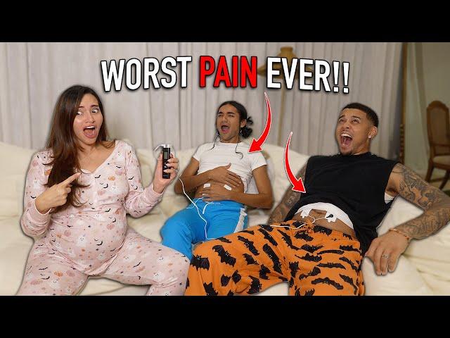 MY HUSBAND AND BROTHER TRY LABOR PAIN SIMULATOR!! KB AND KARLA