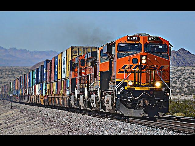 ENORMOUS 15,000 FT HIGH SPEED BNSF Intermodal Double Stack Freight Trains In The California Desert 1