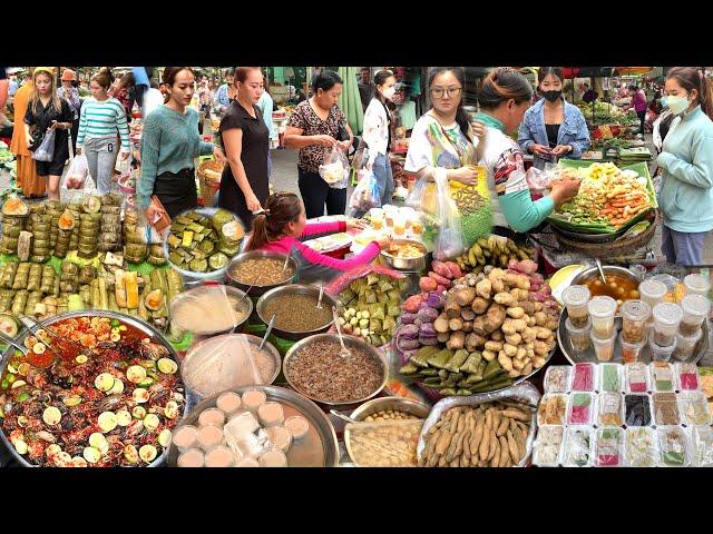 The Best Cambodian Routine Food & Lifestyles @ Popular Traditional Market - Fish, Pork, Cake, & More