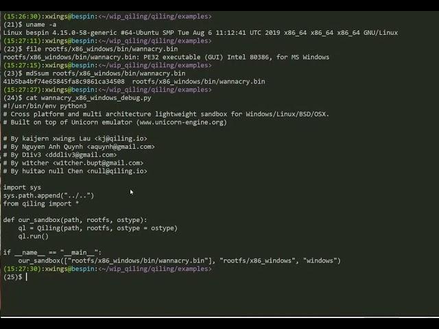 Qiling Framework - Running Wannacry PE32 on Ubuntu