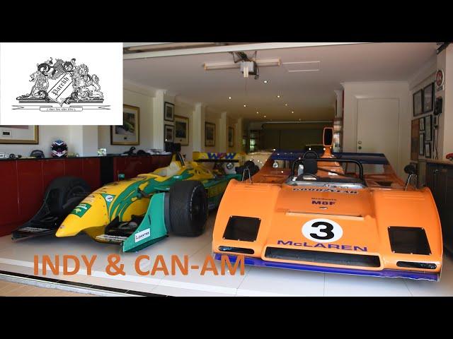 Reynard 2002 Indy Car & McLaren M8F Graduate CAN-AM ex-F1 Race Cars in a suburban Garage