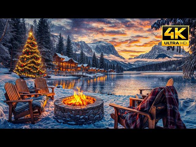 Magical Christmas in the Mountains: Crackling Fire Pit by the Lake with Snowfall. Cozy Winter Vibes