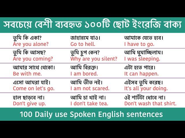 বাছাই করা ১০০টি বাক্য | Daily use English Sentences | Spoken English Sentences with Bengali meaning