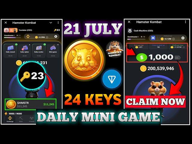 Hamster Kombat Mini game 21 July | Key कैसे unlock करे ? | Airdrop Date | How To Unlock Key 21 July